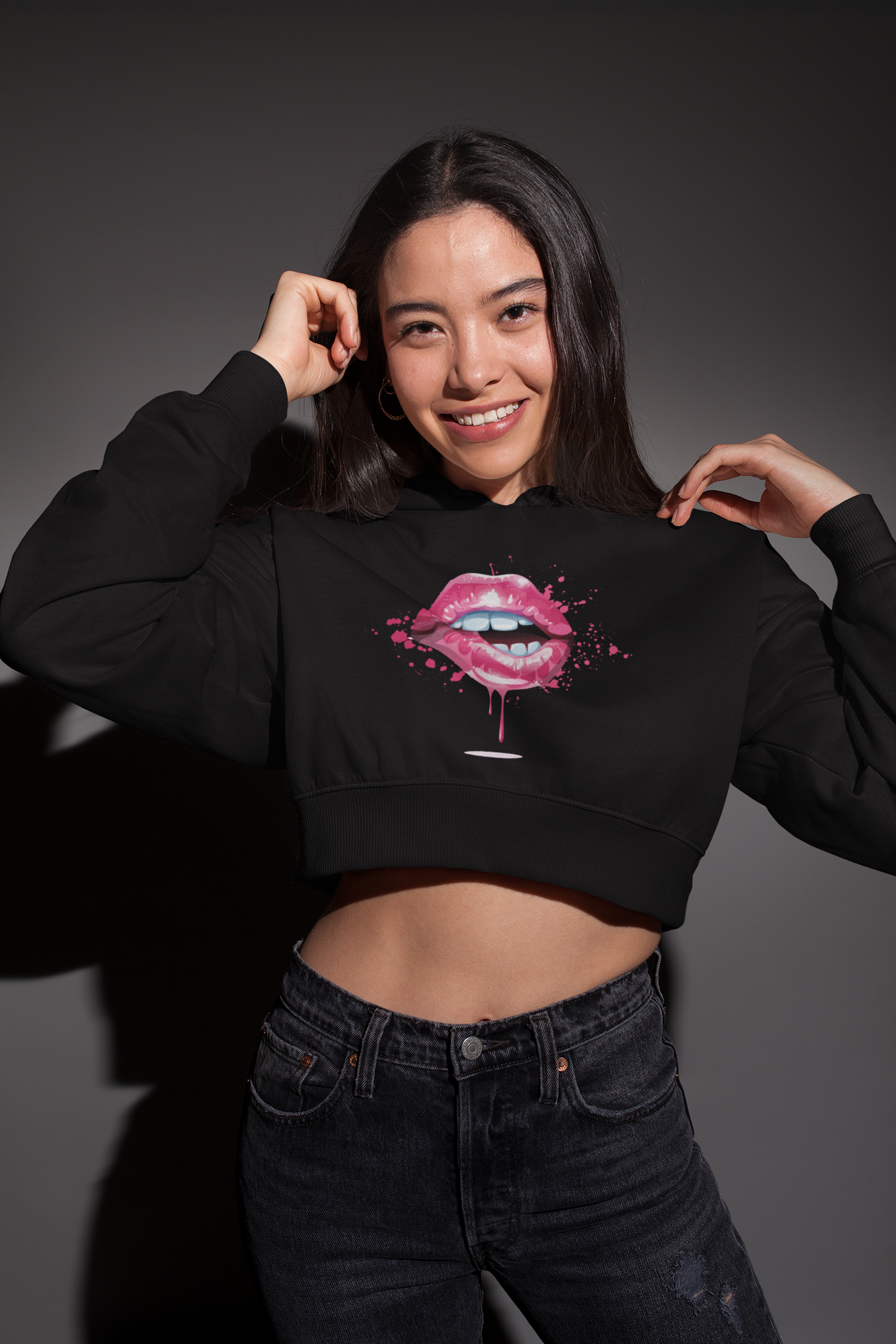 Pink Lip Bite Cropped Hoodie